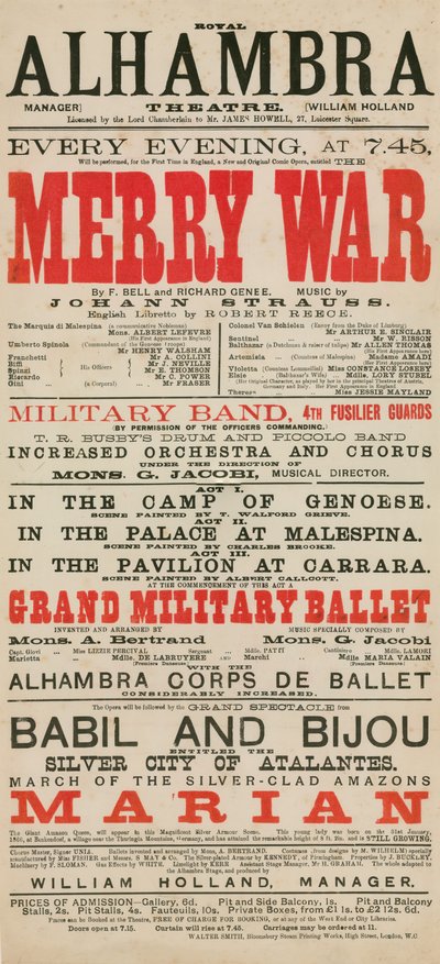 Pubblicità per il Royal Alhambra Theatre, con Merry War di F Bell e Richard Genee con musica di Johann Strauss da English School