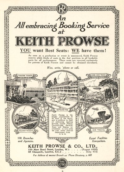 Pubblicità per i servizi di prenotazione biglietti di Keith Prowse & Co, Ltd da English School