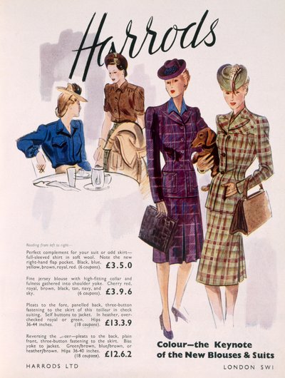 Pubblicità per camicette e abiti da donna da Harrods, 1945 da English School