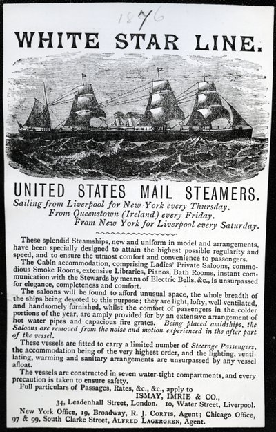 Pubblicità per la White Star Line, 1876 da English School