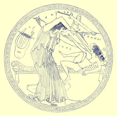 Aedon uccide Itys, illustrazione da "Dipinti di Vasi Greci" di J. E. Harrison e D. S. MacColl, pubblicato 1894 da English School