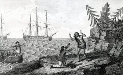 Commovente incontro di due Uomini Mokito, illustrazione tratta dai Viaggi e Viaggi di Moore, 1778 da English School