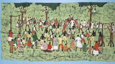 Batik africano, che illustra una partita di calcio con spettatori che guardano da English School