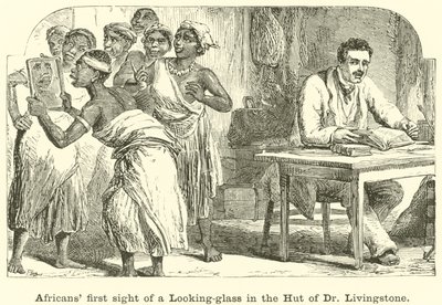 Africani alla prima vista di uno specchio nella capanna del Dr Livingstone da English School