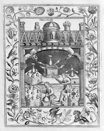 Laboratorio alchemico che mostra varie forme di fornaci e vasi, tratto da Theatrum Chemicum Britannicum di Elias Ashmole, 1652 da English School