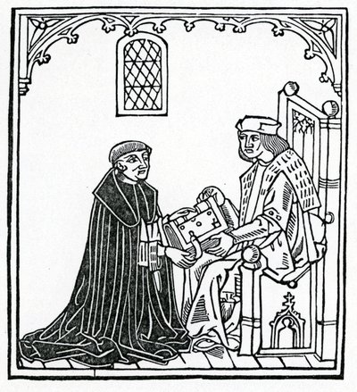Alexander Barclay presenta il suo libro al suo patrono Thomas Cornish, frontespizio della traduzione inglese di 