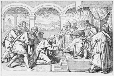 Ambasciatori di Haroun al Raschid (c.766-809) davanti a Carlo Magno (768-814), da La storia della Francia, di Emile de Bonnechose, pubblicato da Ward, Lock and Co, Londra da English School