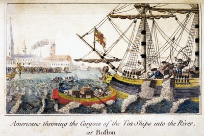 Americani che gettano i carichi delle navi da tè nel fiume, a Boston, da Storia del Nord America, pub. Londra da English School