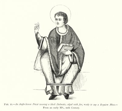 Un sacerdote anglosassone che indossa una dalmatica nera, bordata di pelliccia, pronto a celebrare una Messa di Requiem da English School