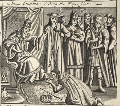Un imperatore che bacia i piedi del Papa, illustrazione da Atti e Monumenti di John Foxe, nona edizione, pub. 1684 da English School