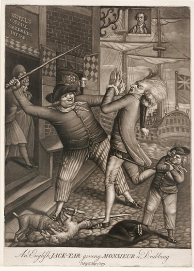 Un marinaio inglese che dà una lezione a Monsieur, pub. 1779 (mezzotinto) da English School