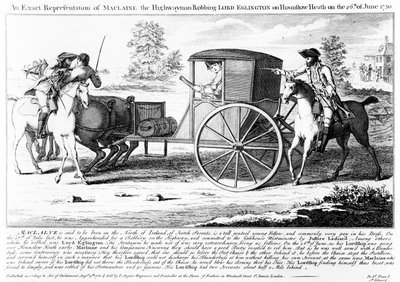 Rappresentazione esatta di Maclaine il bandito che rapina Lord Eglington a Hounslow Heath il 26 giugno 1750, stampa di Charles Mosley, 1750 da English School
