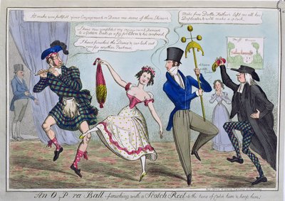 Un Ballo O.P.ra, Finendo con una Reel Scozzese al Ritmo di Catch Him and Keep Him, pub. da S.W. Fores, 1823 (incisione colorata) da English School