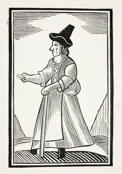 Una vecchia che sgrida con un cappello a corona alta, illustrazione da Chap-books del XVIII secolo di John Ashton, pub. 1882 da English School