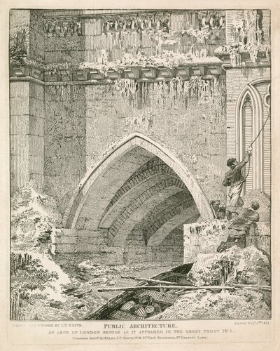 Un arco del vecchio London Bridge come appariva durante il grande gelo, 1814 da English School