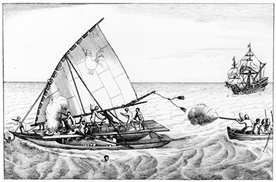 Un incidente durante la circumnavigazione del mondo di Le Maire e Schouten nel 1615-16, dal Volume II di Storia cronologica dei viaggi e delle scoperte nel Mare del Sud da English School