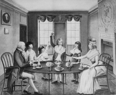 Un interno con una signora e un gentiluomo seduti a un tavolo con i loro quattro figli in piedi oltre esso, c.1780 da English School