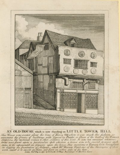 Una vecchia casa che ora si trova su Little Tower Hill, Londra da English School