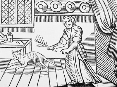 Una vecchia che frusta il suo gatto per aver catturato topi di domenica, da una collezione di chapbook sull