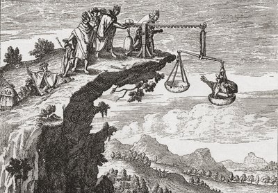 Un metodo insolito per estorcere confessioni dai criminali, da un disegno del XVI secolo di Theodorus de Bry. La scena mostra il criminale seduto sulle bilance dell