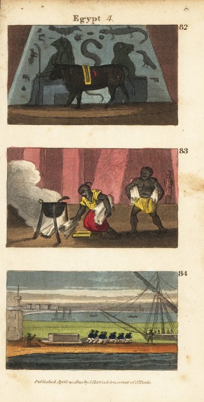 Antico idolo egiziano Osiride come un bue, Omar il Saraceno che brucia la biblioteca di Tolomeo Sotere nel 642 e le truppe di Napoleone che portano via la Tomba di Alessandro da English School