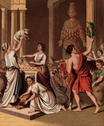 Greci antichi con i loro animali in un tempio da English School