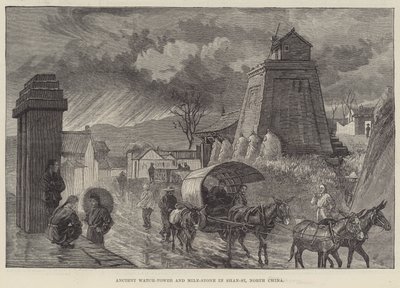 Antica torre di guardia e pietra miliare a Shan-si, Cina del Nord da English School