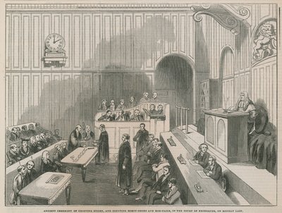 Antica cerimonia di taglio dei bastoni e conteggio di ferri di cavallo e chiodi nella Corte delle Accise da English School