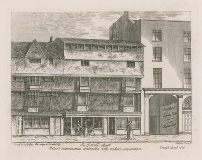 Convenienza antica contrastata con convenienza moderna in Gosnell Street, Finsbury da English School