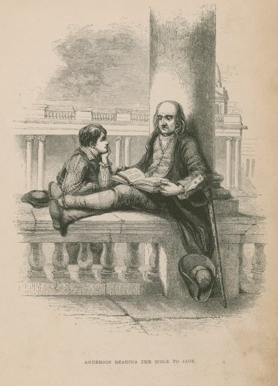 Anderson legge la Bibbia a Jack; illustrazione da Poor Jack di Frederick Marryat da English School