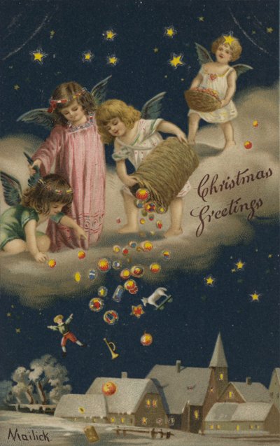 Angeli che versano regali di Natale sulla terra da English School