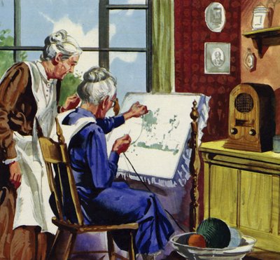 Anna Moses iniziò a cucire immagini con lana dai colori vivaci da English School