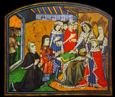 Anthony Woodville, Conte Rivers, presenta i Detti e i Proverbi dei Filosofi al suo cognato, Edoardo IV da English School