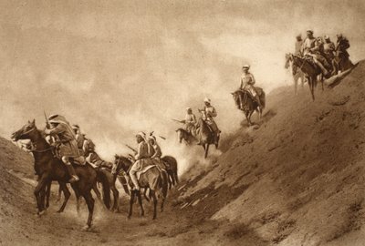 Polizia montata araba che aiutava i britannici ad attraversare il letto prosciugato di un antico canale, 1914-19 da English School