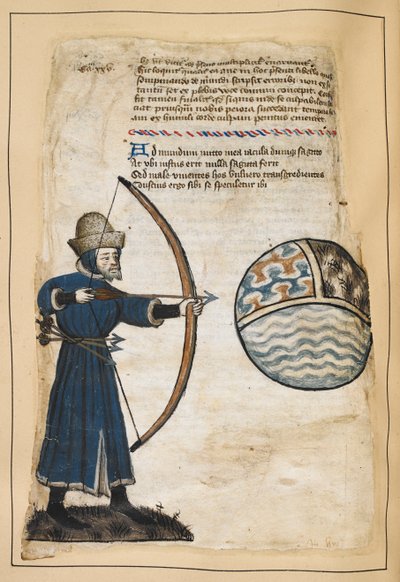 Arciere (John Gower?) che scocca frecce al mondo per colpire i malvagi, illustrazione da 