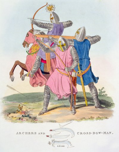 Arcieri e un Balestriere, 1312, da Antiche Armature di Samuel Rush Meyrick, 1824 da English School