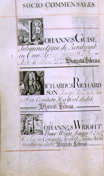 Archivio 3693 f.60v Pagina che elenca tre benefattori del New College, Oxford; Johannes Guise, Richardus Richardson e Johannes Wright, da un libro di beneficenza, 16812-84 da English School