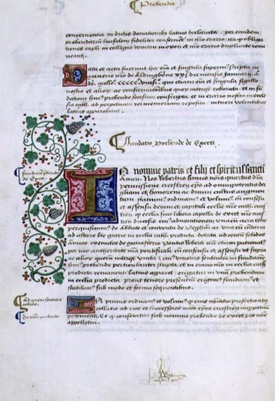 Pagina di testo con iniziale illuminata, dal libro delle fondazioni di Robert Sherborne o Shirburn (c.1450-1536) Vescovo di Chichester da English School