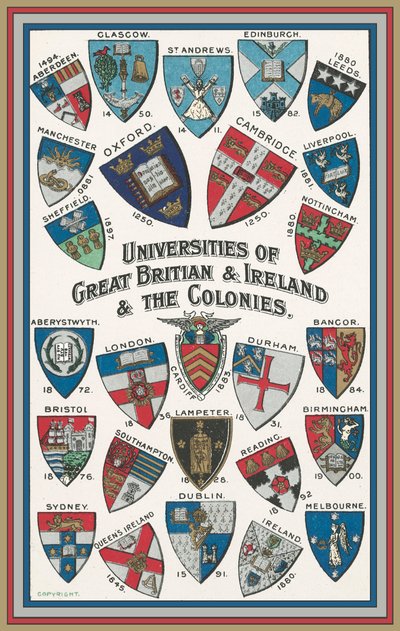 Stemma delle università della Gran Bretagna e Irlanda e delle Colonie (litografia a colori) da English School