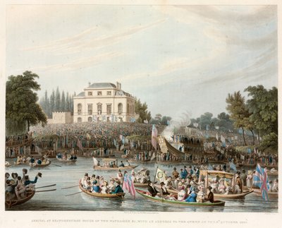 Arrivo a Brandeburgh House dei barcaioli ecc. con un indirizzo alla Regina, 3 ottobre 1820 da English School