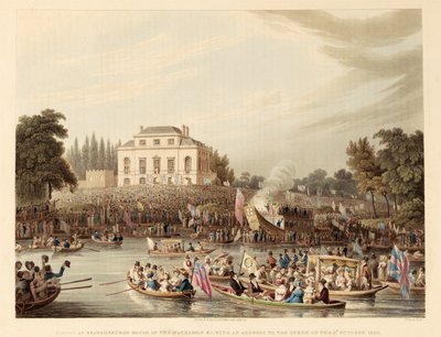 Arrivo alla Casa di Brandeburgo dei Barcaioli, ecc. con un indirizzo alla Regina il 3 ottobre 1820, pub. 1821 (incisione colorata) da English School