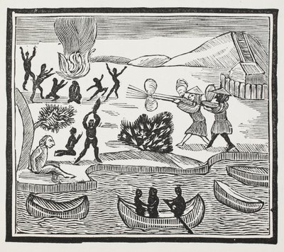 Arrivo dei selvaggi con prigioniero cristiano, illustrazione da Chap-books del XVIII secolo di John Ashton, pub. 1882 da English School
