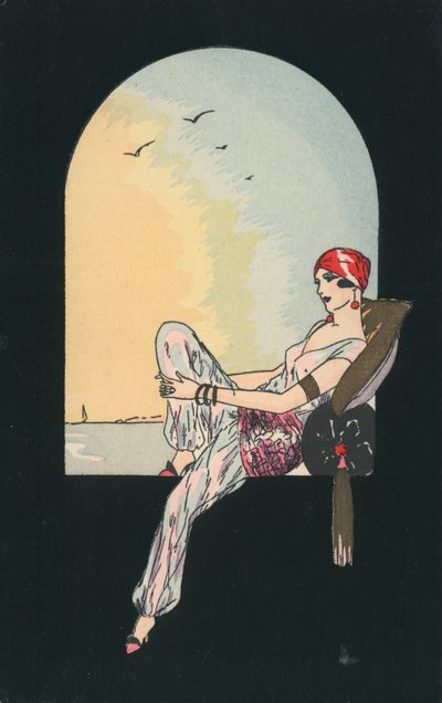 Immagine Art Deco di una donna sdraiata su un sedile alla finestra da English School