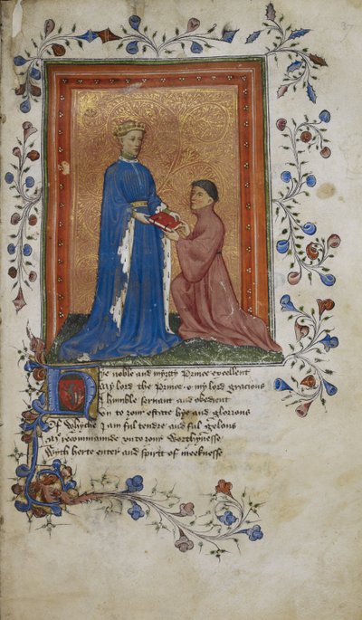 Arundel 38, f.37 Thomas Hoccleve presenta un libro al Principe Enrico di Lancaster, illustrazione da 