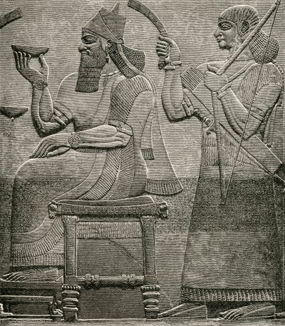 Ashur-nasir-pal II, da un bassorilievo al British Museum, da The Worlds Inhabitants di G.T. Bettany, pubblicato 1888 da English School