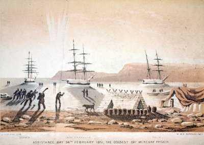Assistance Bay, 24 febbraio 1851, Il giorno più freddo. Mercurio congelato, illustrazione da Voyage to Baffins Bay and Barrow Straits... da English School