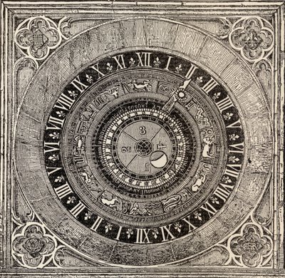 Orologio astronomico a Hampton Court Palace, da History of Hampton Court Palace in Tudor Times di Ernest Law, pubblicato a Londra nel 1885 da English School