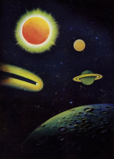 Oggetti astronomici: il Sole, che mostra la sua corona; i pianeti Marte e Saturno; la cometa di Coggia; la superficie della Luna da English School