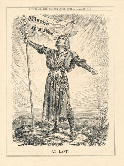 Finalmente, illustrazione di una guerriera che celebra il diritto di voto delle donne, Punch, 23 gennaio da English School