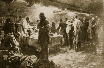 Al lavoro in un posto di soccorso in una cantina sotto un forte di Verdun, 1914-19 da English School